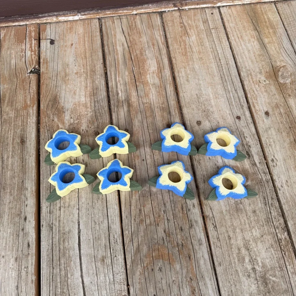 Vtg Floral Wooden Napkin Rings 8 Set Blue Yellow Hand Painted Rustic Cottagecore